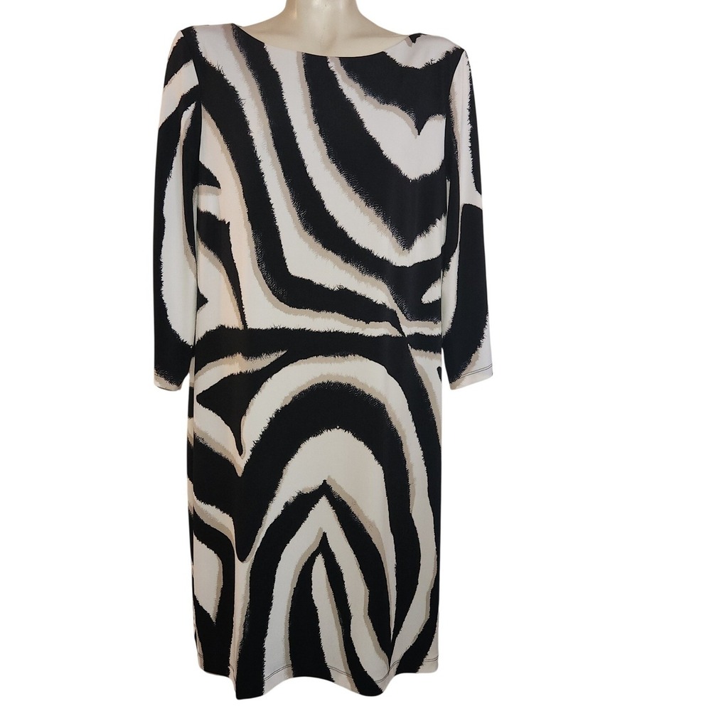 Chicos NEW Zebra Print Sheath Dress Black White Tan 3/4 Sleeve  XL 4501081304‎